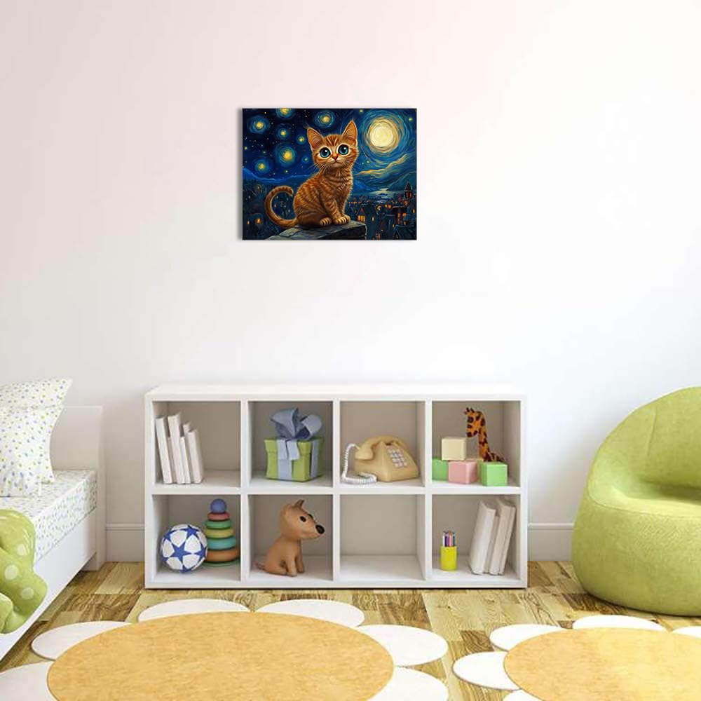 Starry Night Cat Wall Art – Framed Canvas