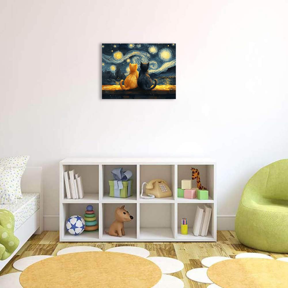 Starry Night Cat Wall Art – Framed Canvas