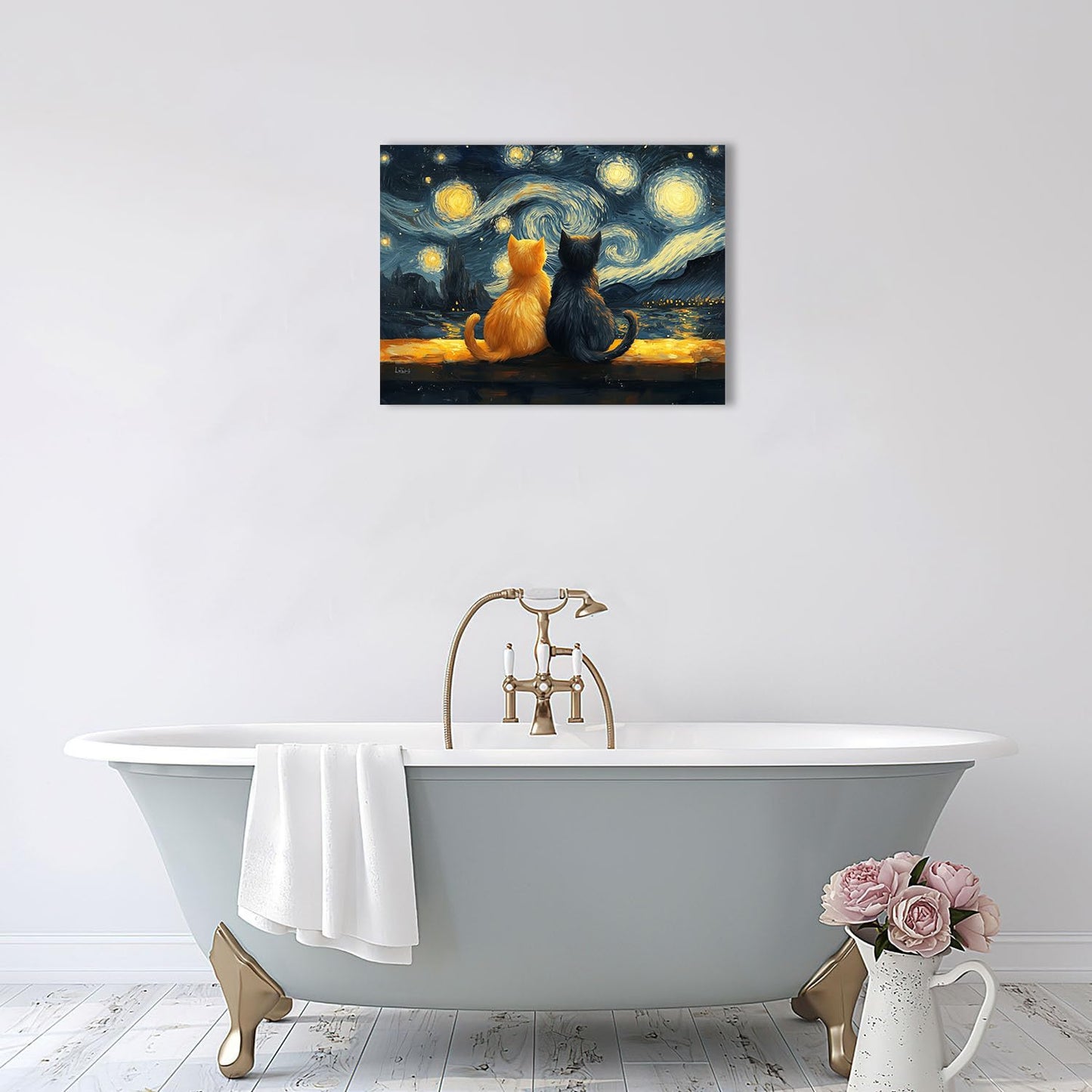 Starry Night Cat Wall Art – Framed Canvas