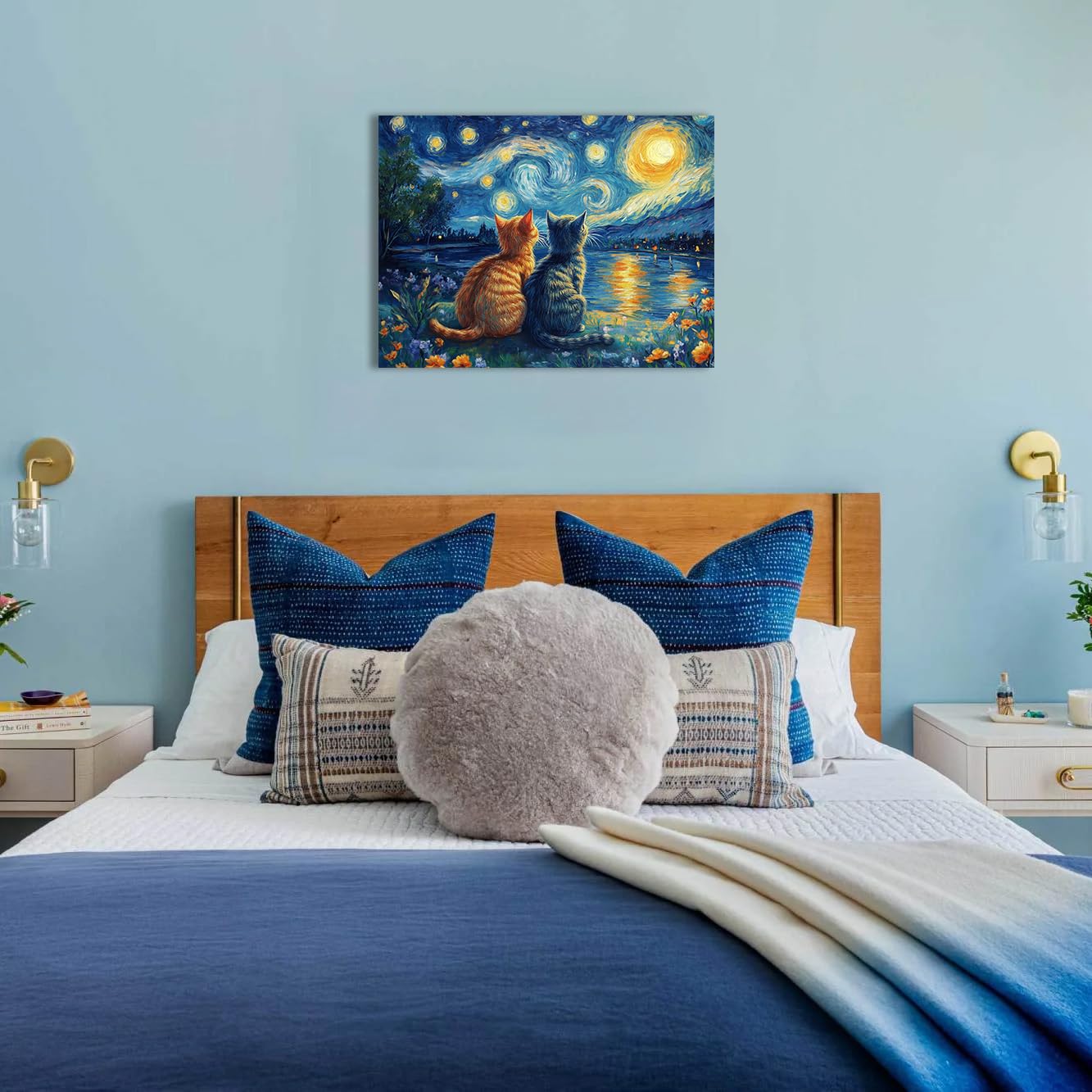 Starry Night Cat Wall Art – Framed Canvas