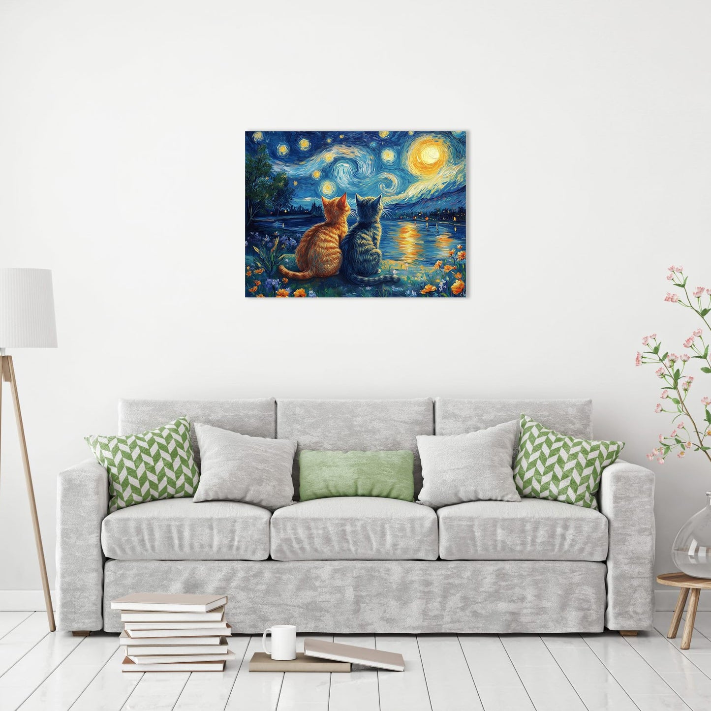 Starry Night Cat Wall Art – Framed Canvas