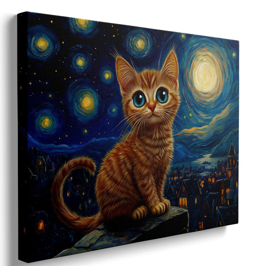 Starry Night Cat Wall Art – Framed Canvas