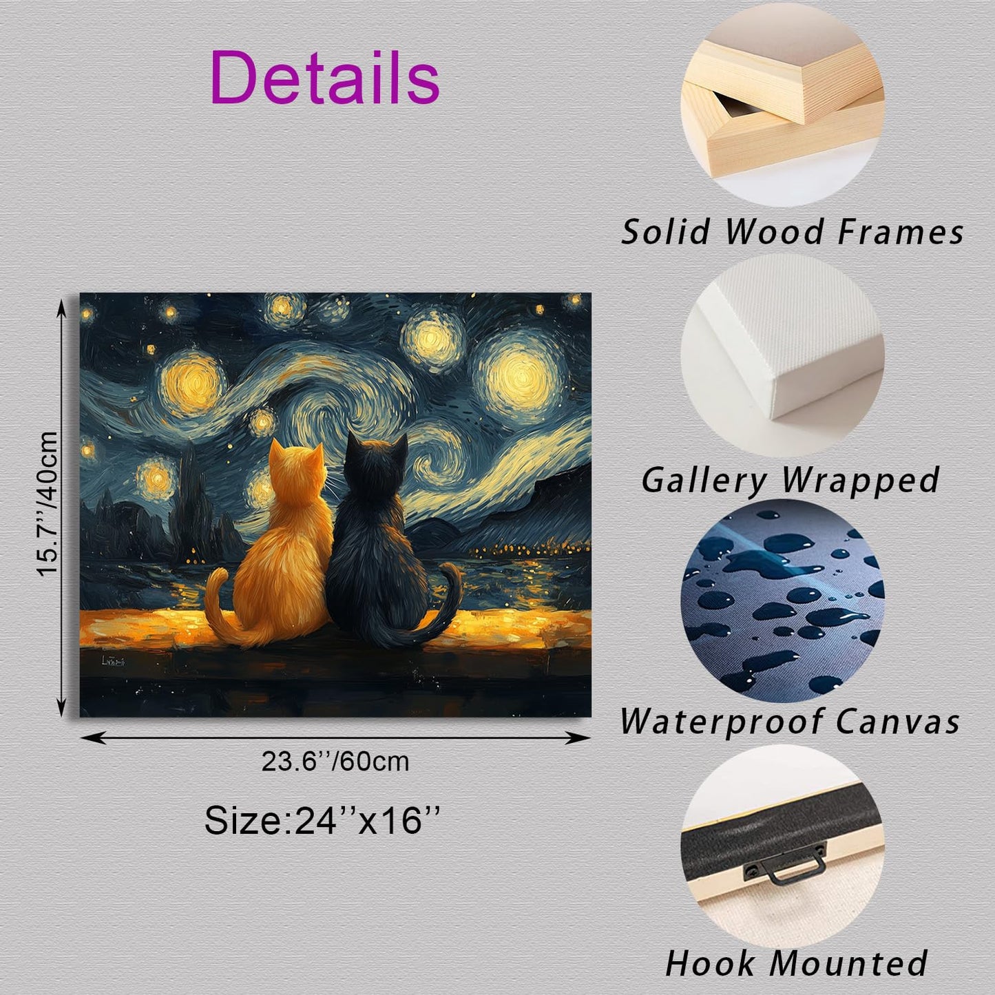 Starry Night Cat Wall Art – Framed Canvas