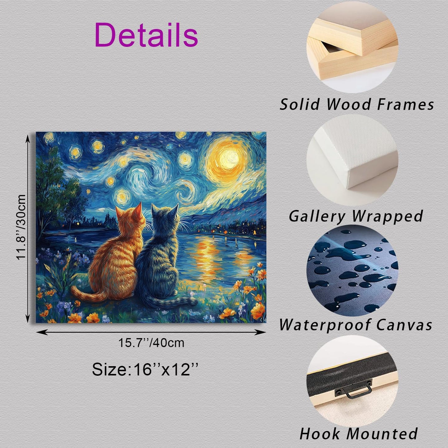 Starry Night Cat Wall Art – Framed Canvas
