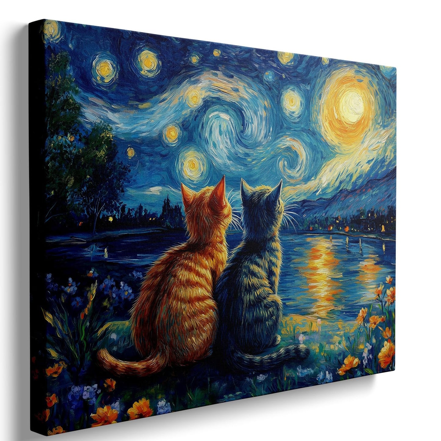 Starry Night Cat Wall Art – Framed Canvas
