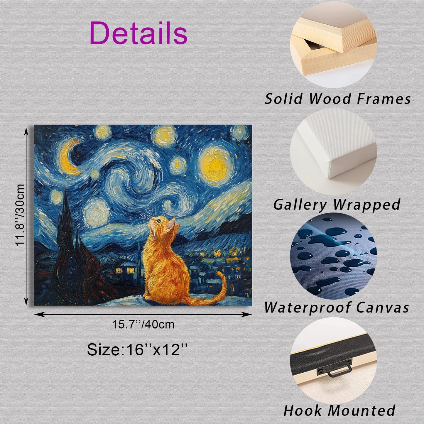 Starry Night Cat Wall Art – Framed Canvas