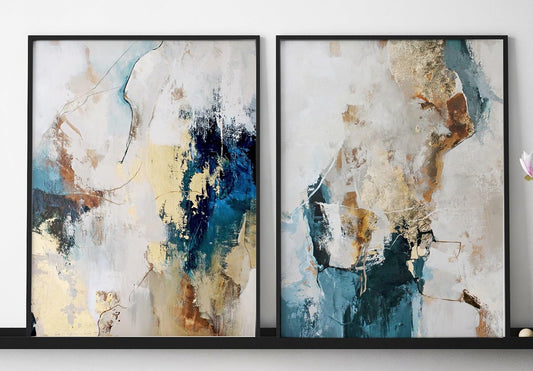 Blue & Gold Abstract Wall Art – Set of 2