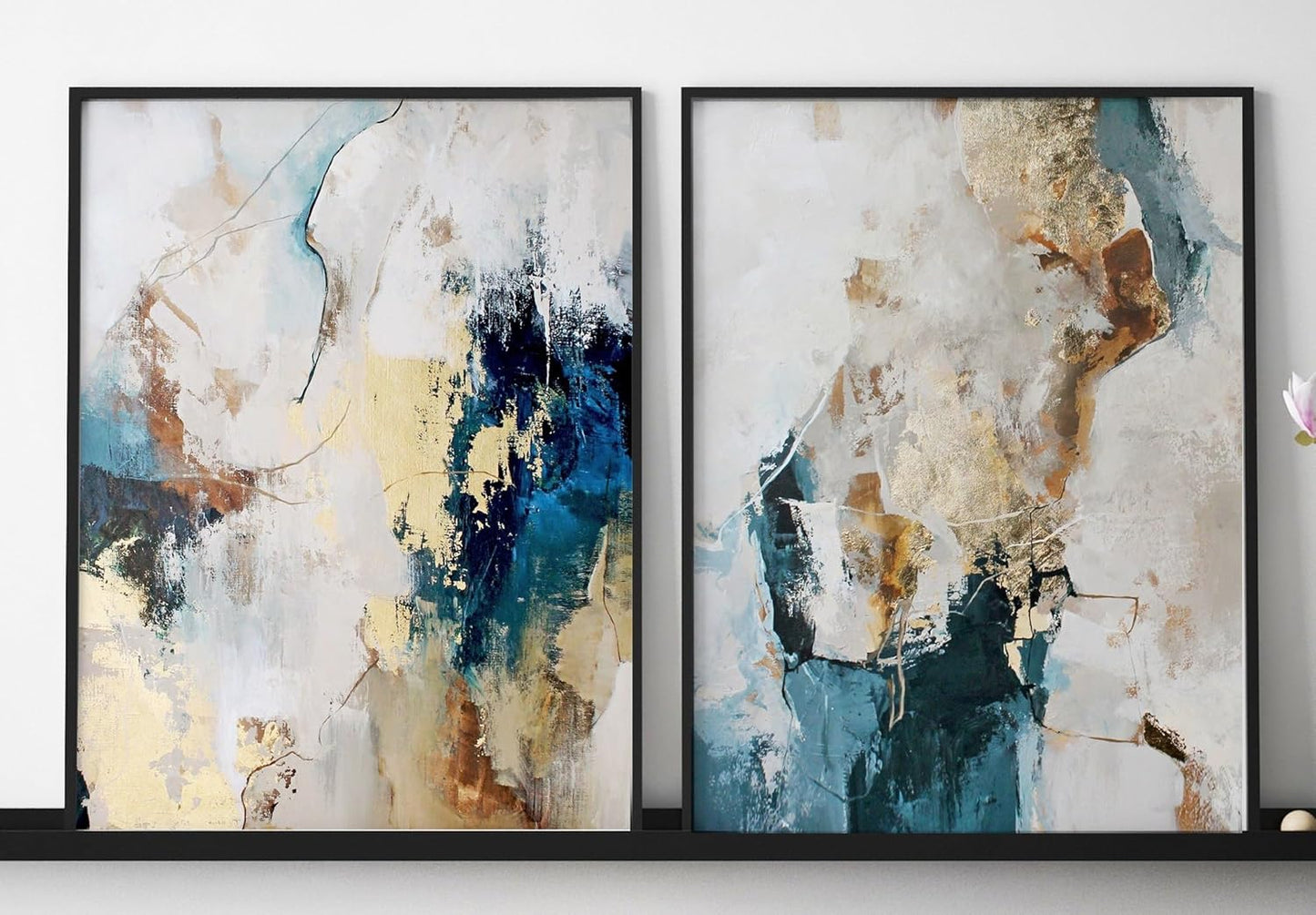 Blue & Gold Abstract Wall Art – Set of 2