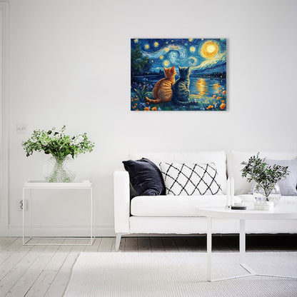 Starry Night Cat Wall Art – Framed Canvas