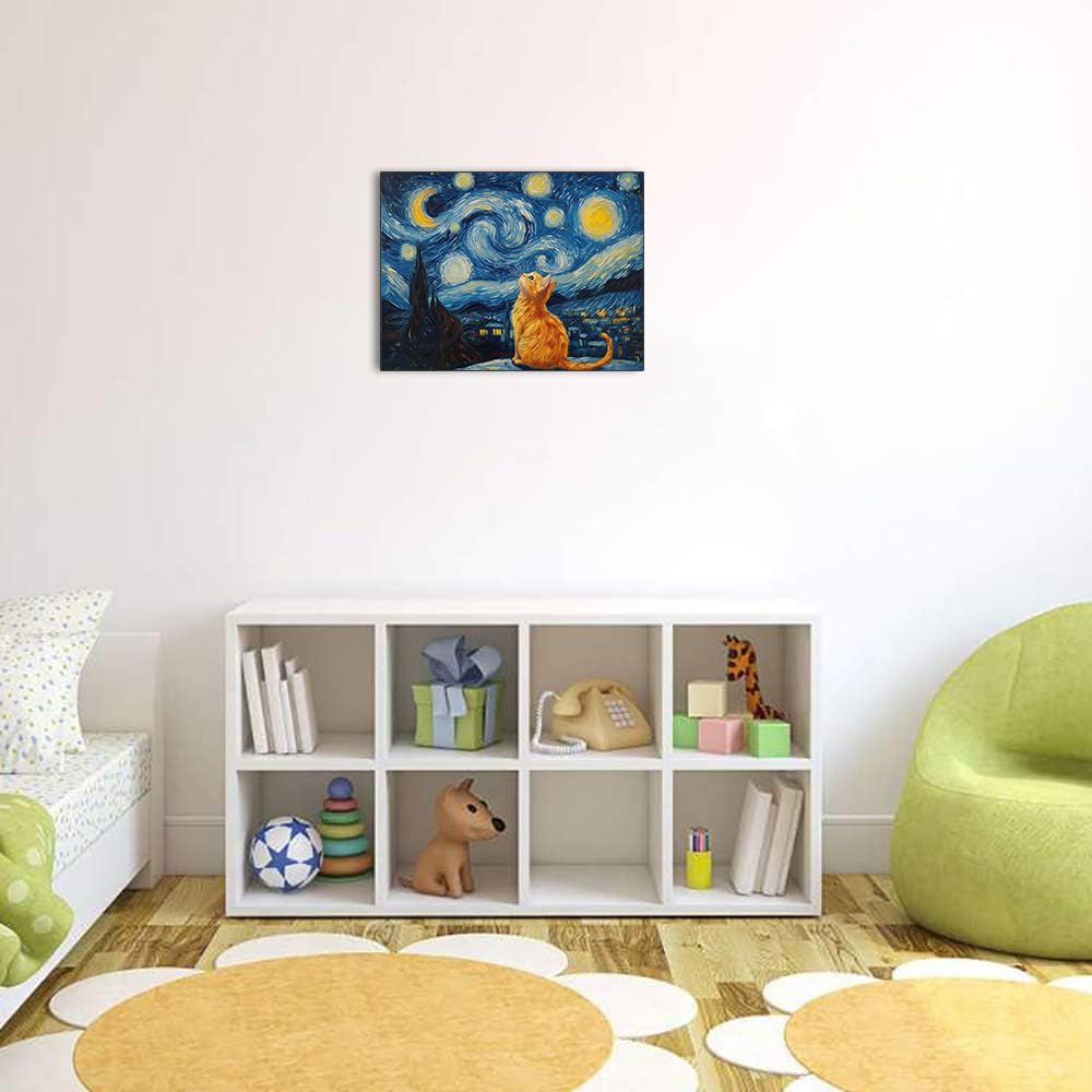 Starry Night Cat Wall Art – Framed Canvas