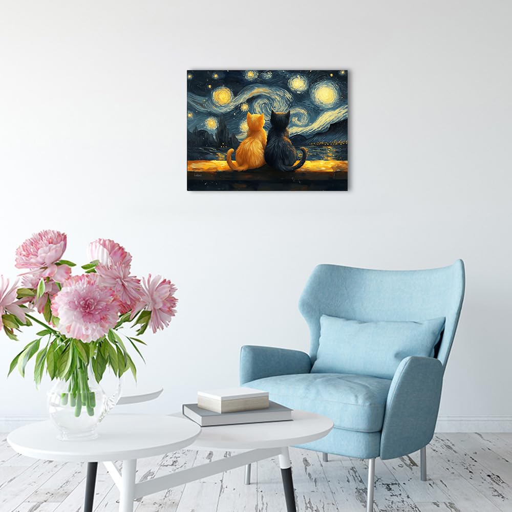 Starry Night Cat Wall Art – Framed Canvas