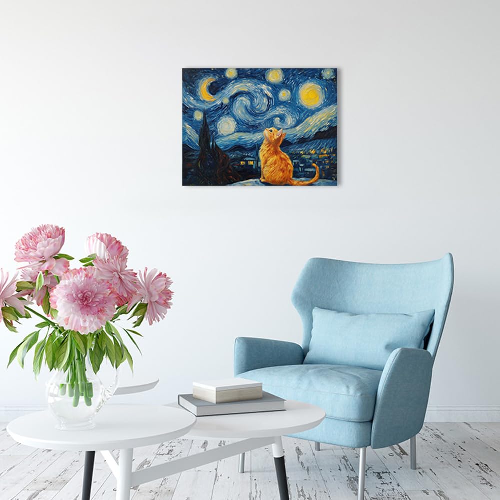 Starry Night Cat Wall Art – Framed Canvas
