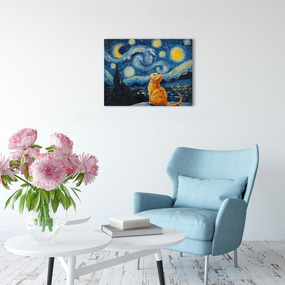 Starry Night Cat Wall Art – Framed Canvas