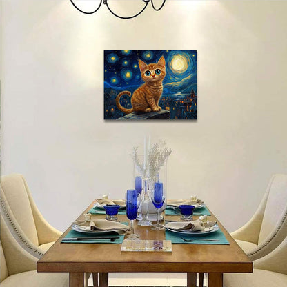 Starry Night Cat Wall Art – Framed Canvas