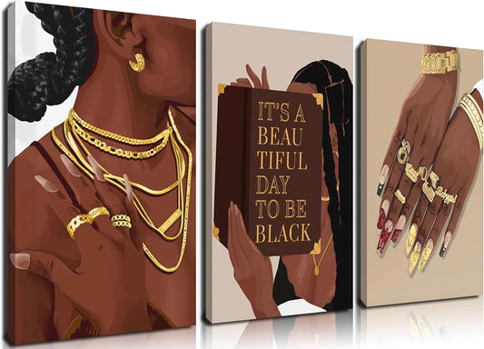 3 Pcs Black Woman Wall Art – 12x16in