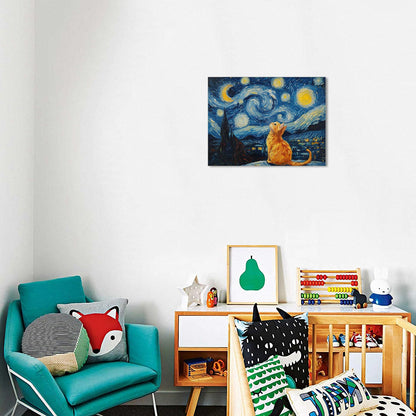Starry Night Cat Wall Art – Framed Canvas