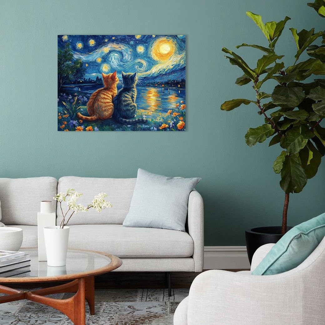 Starry Night Cat Wall Art – Framed Canvas