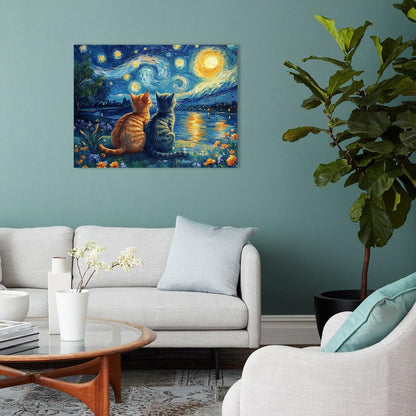 Starry Night Cat Wall Art – Framed Canvas