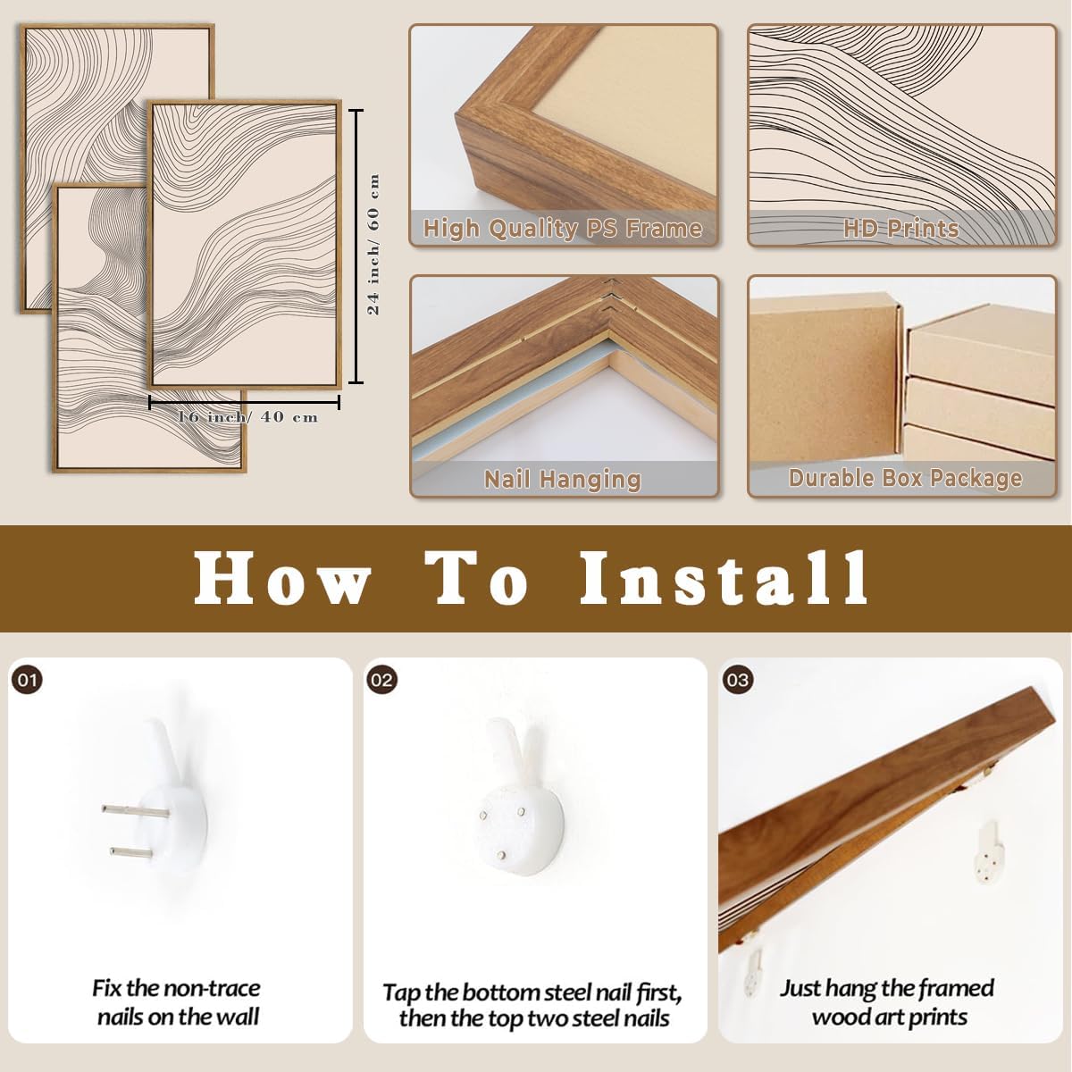 Neutral Beige Abstract Wall Art 3PC 16x24in