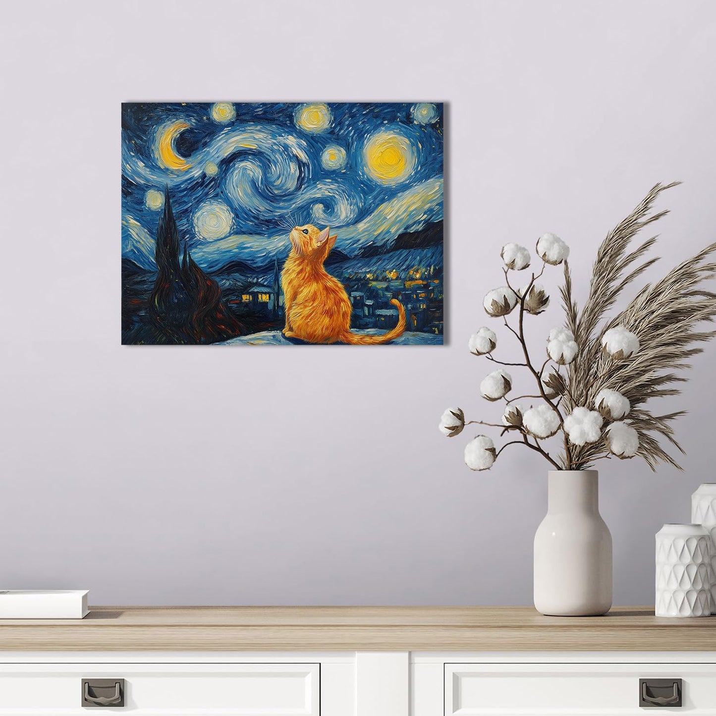 Starry Night Cat Wall Art – Framed Canvas