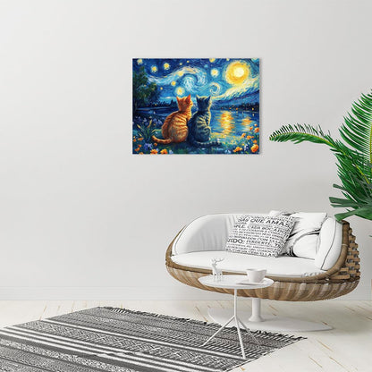 Starry Night Cat Wall Art – Framed Canvas