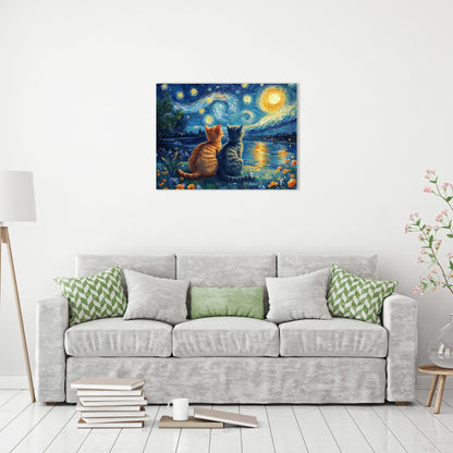 Starry Night Cat Wall Art – Framed Canvas