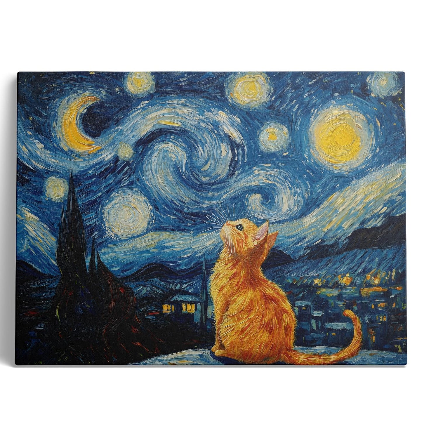 Starry Night Cat Wall Art – Framed Canvas