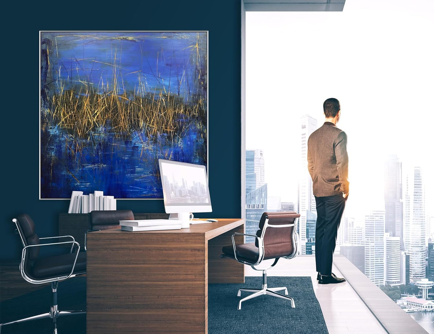 Blue & Gold Abstract Wall Art – 72x72in