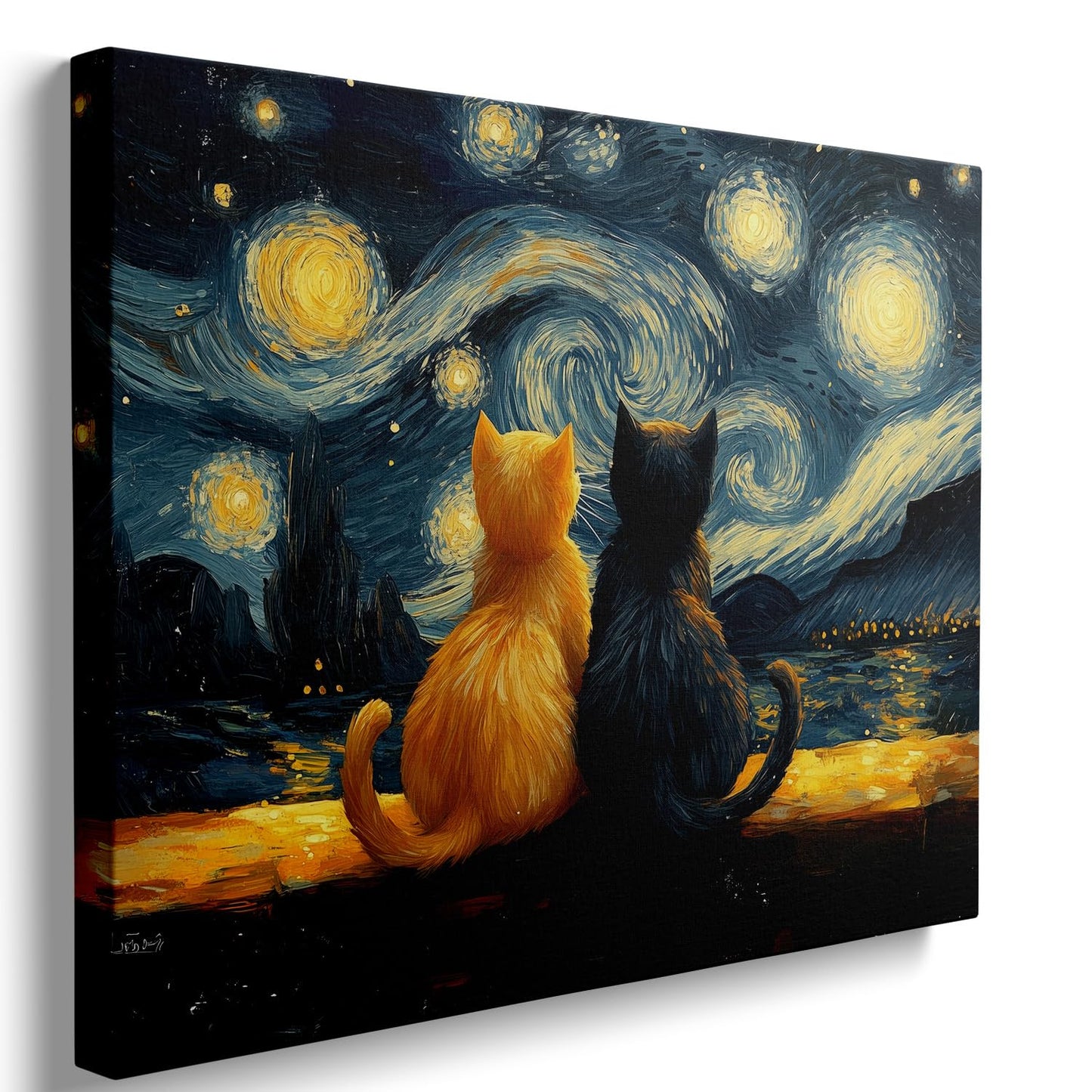 Starry Night Cat Wall Art – Framed Canvas