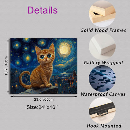 Starry Night Cat Wall Art – Framed Canvas