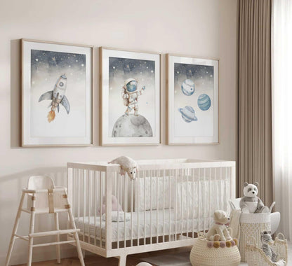 Space Nursery Wall Art – 3 Pcs
