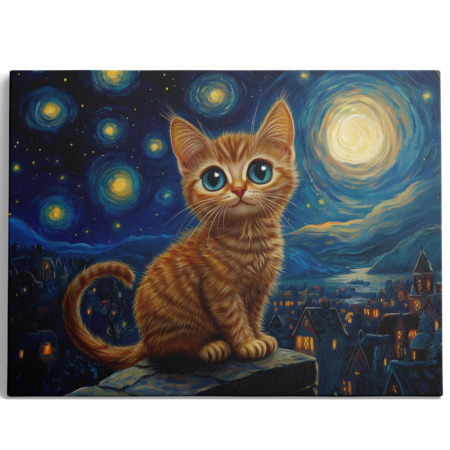 Starry Night Cat Wall Art – Framed Canvas
