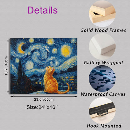 Starry Night Cat Wall Art – Framed Canvas